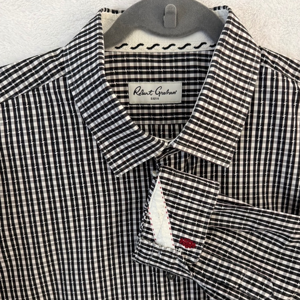 Robert Graham Mens Black White Gingham Lightning Bolt Button Down Shirt XL